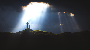 먹구름과 빛이 골고다 언덕을 비추고  예수그리스도의 죽음과 부활을 상징하는 거룩한 십자가