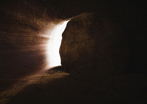 예수 그리스도의 죽음과 부활 그리고 무덤문이 열리고 밝은 빛이 나오는 장면