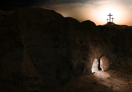 예수 그리스도의 죽음과 부활 그리고 밝은 빛의 무덤과 골고다 언덕의 고난의 십자가 배경