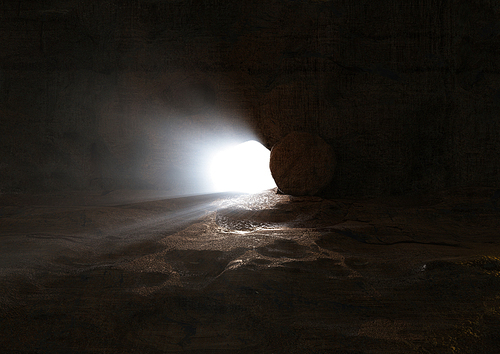 예수 그리스도의 죽음과 부활 그리고 무덤문이 열리고 밝은 빛이 나오는 장면