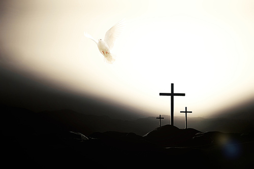 예수님 십자가 위로 날아오르는 하얀색 비둘기와 밝은 하늘 배경 실루엣