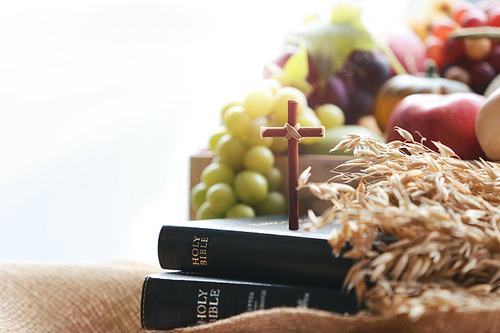 교회 추수감사절 풍성한 과일 장식과 배경 그리고 성경책과 예수님 십자가