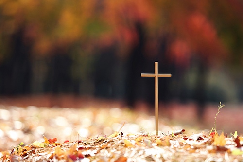 붉은 단풍잎이 떨어지는 아름다운 가을 숲 쌓인 낙엽 위에 예수 그리스도의 십자가