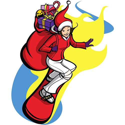 a woman snowboarding in Santa costume