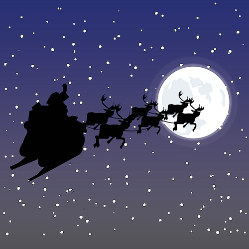 Santa and Sled Riding in the Snowy Night Sky