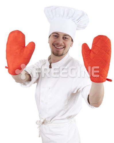 male cook in kitchen gloves 