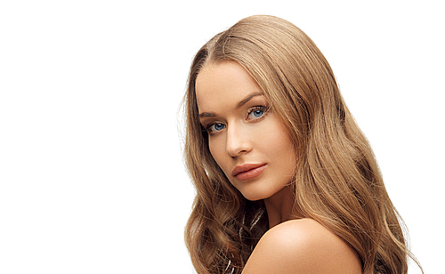 people, beauty and hair care concept - beautiful woman face with long blond hair