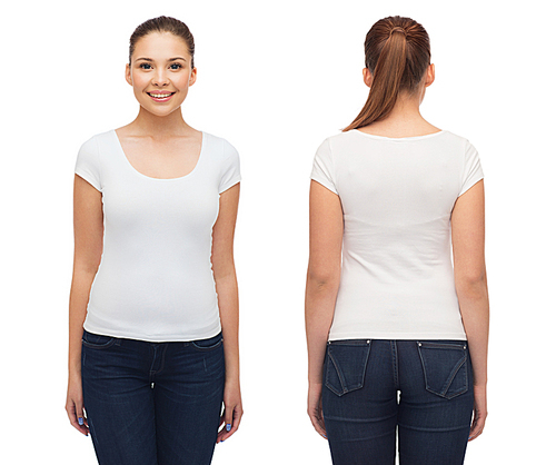 t-shirt design and people concept - smiling young woman in blank white t-shirt
