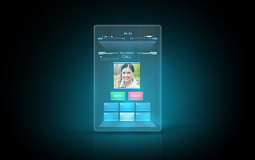 modern technology, communication and futuristic concept - illuminating virtual tablet with video call interface on screen