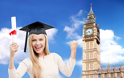 education, school, knowledge, graduation and people concept - happy student girl or woman in trencher cap with diploma certificate over big ben tower in london background