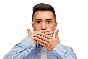 problem, emotion, sorrow and people concept - face of middle aged latin man covering his mouth with hand palm