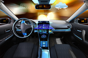 transport, destination and modern technology concept - car salon with navigation system on dashboard and meteo sensor on windshield over night lights background