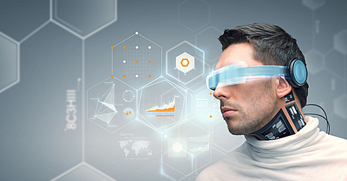 people, technology, future and progress - man with futuristic glasses and microchip implant or sensors over gray background with virtual charts and chemical formulas