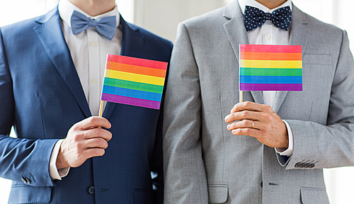 people, homosexuality, same-sex marriage and love concept - close up of happy male gay couple in suits and bow-ties with wedding rings holding rainbow flags