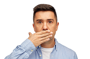 problem, emotion, sorrow and people concept - face of middle aged latin man covering his mouth with hand palm