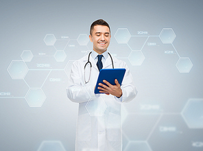 chemistry, biology, technology, people and medicine concept - smiling male doctor in white coat with tablet pc computer and chemical molecule formula over gray background