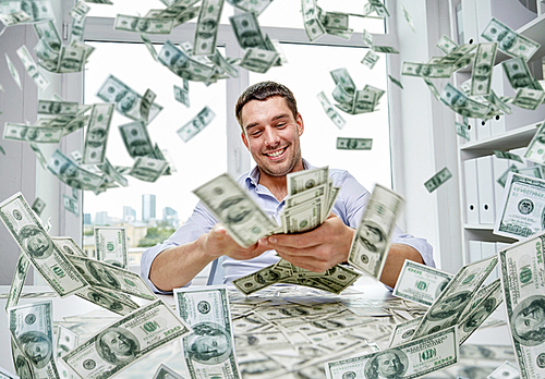 business, people, success and fortune concept - happy businessman with heap of dollar money at office