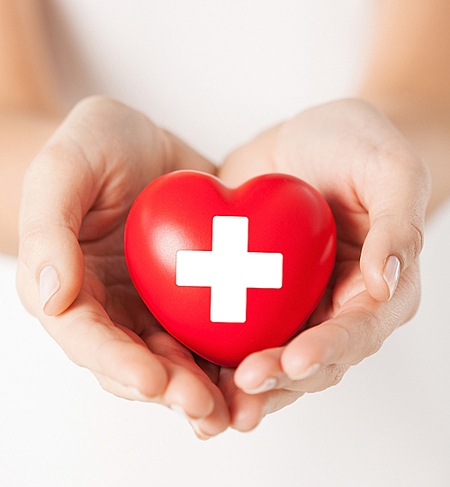 family health, charity and medicine concept - female hands holding red heart with cross sign