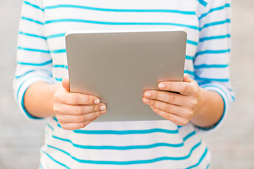 tourism, travel, leisure, people and technology concept - close up of woman with tablet pc computer outdoors