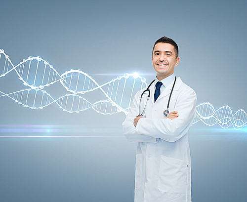 healthcare, genetics, people and medicine concept - smiling male doctor in white coat and dna molecule formula over gray background