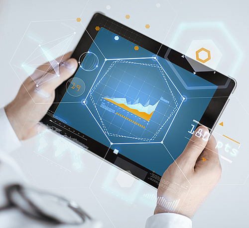 medicine, technology and people concept - close up of doctor holding tablet pc with graph on screen