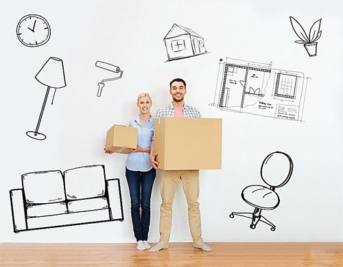 home, people, repair and real estate concept - happy couple holding cardboard boxes and moving to new place over interior doodles background