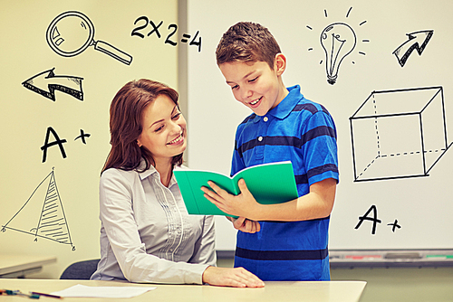 education, elementary school, learning, examination and people concept - school boy holding notebook and teacher in classroom with doodles