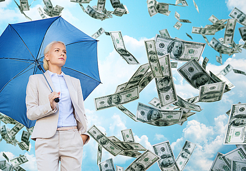 business, economy, finances and people and concept - young businesswoman with umbrella over blue sky and clouds background