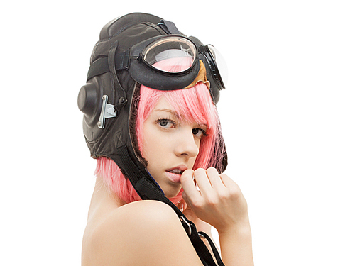 picture of topless pink hair girl in aviator helmet