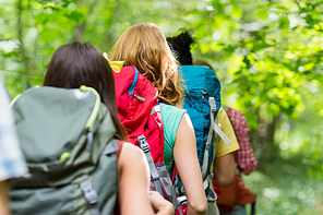 adventure, travel, tourism, hike and people concept - close up of friends walking with backpacks in woods from back