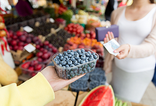 sale, shopping, pregnancy and people concept - close up of pregnant woman with wallet and money buying blueberry at street food market