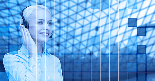 business, people, technology and communication concept - happy female helpline operator in headset over blue grid background