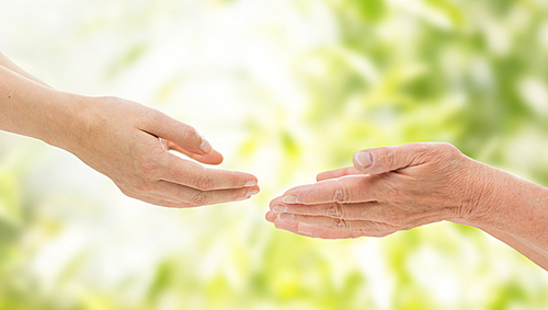 people, age, family, care and support concept - close up of senior woman and young woman reaching hands out to each other over green natural background