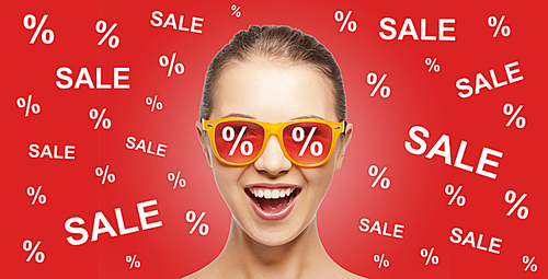 people, summer, shopping and sale concept - happy screaming teenage girl in shades over red background with percentage signs