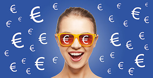 people, finance and money concept - happy screaming teenage girl in shades over blue background with euro currency sings