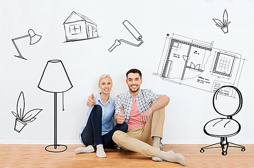 home, people, repair, moving and real estate concept - happy couple sitting on floor and showing thumbs up at new place over interior doodles background