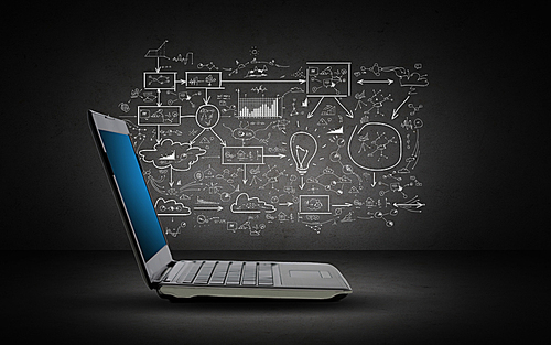 technology, business, planning and strategy concept - open laptop computer with scheme and chart doodles over dark gray background