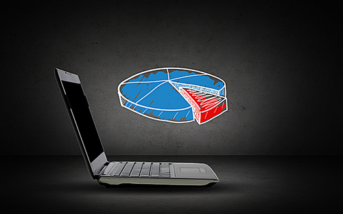 technology, business and statistics concept - open laptop computer with pie chart doodle over dark gray background