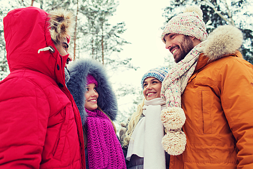 love, relationship, season, friendship and people concept - group of smiling men and women talking in winter forest