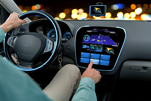 transport, destination, modern technology and people concept - close up of man driving car with navigation system on board computer
