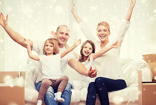 family, people, accommodation, gesture and happiness concept - smiling parents and two little girls moving into new home and waving hands over snowflakes background