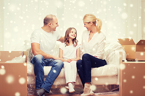 family, people, accommodation and happiness concept - smiling parents and little girl moving into new home over snowflakes background