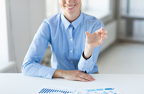 business, technology and people concept - close up of woman hand holding and showing transparent smartphone at office