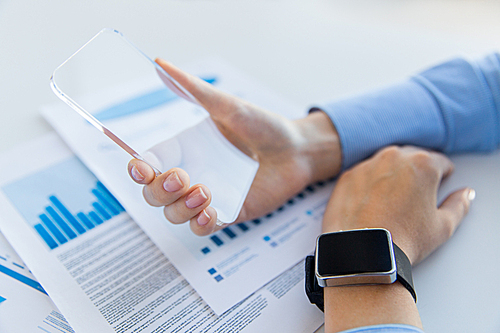 business, technology and people concept - close up of woman hand holding and showing transparent smart phone and watch at office