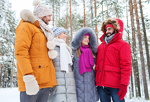 love, relationship, season, friendship and people concept - group of smiling men and women talking in winter forest