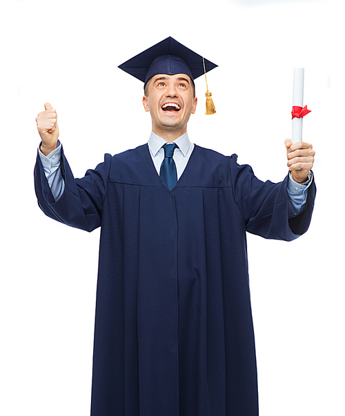 education, graduation and people concept - smiling adult student in mortarboard with diploma showing thumbs up and laughing