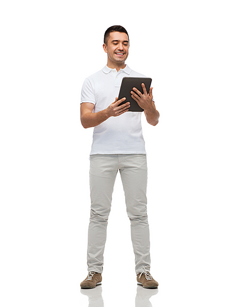 technology and people concept - smiling man with tablet pc computer