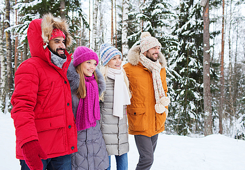 love, relationship, season, friendship and people concept - group of smiling men and women walking in winter forest