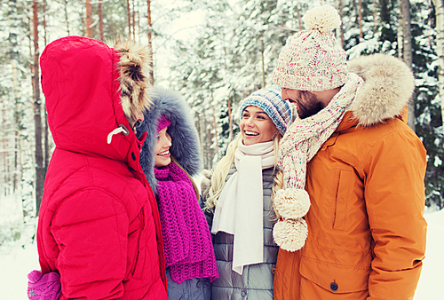 love, relationship, season, friendship and people concept - group of smiling men and women talking in winter forest