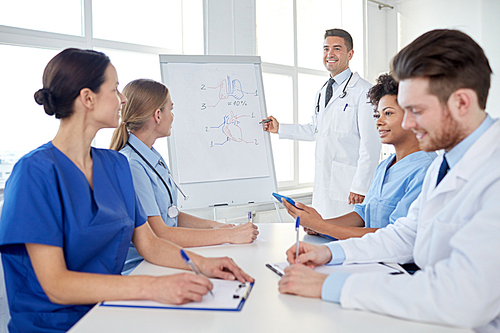 medical education, health care, medical education, people and medicine concept - group of happy doctors or interns with mentor meeting and drawing on flip board on presentation at hospital